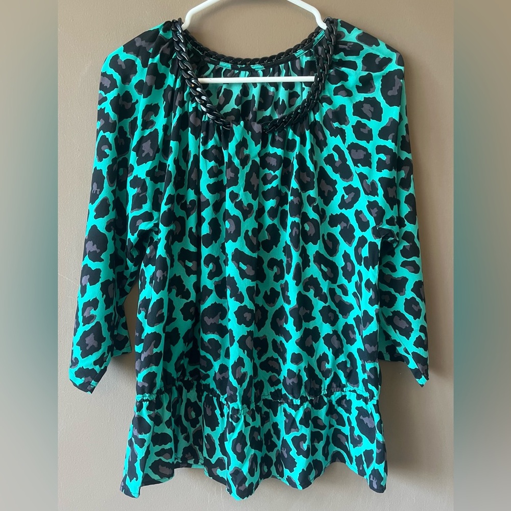 Turquoise and Black Leopard Print Blouse - Picture 2 of 14